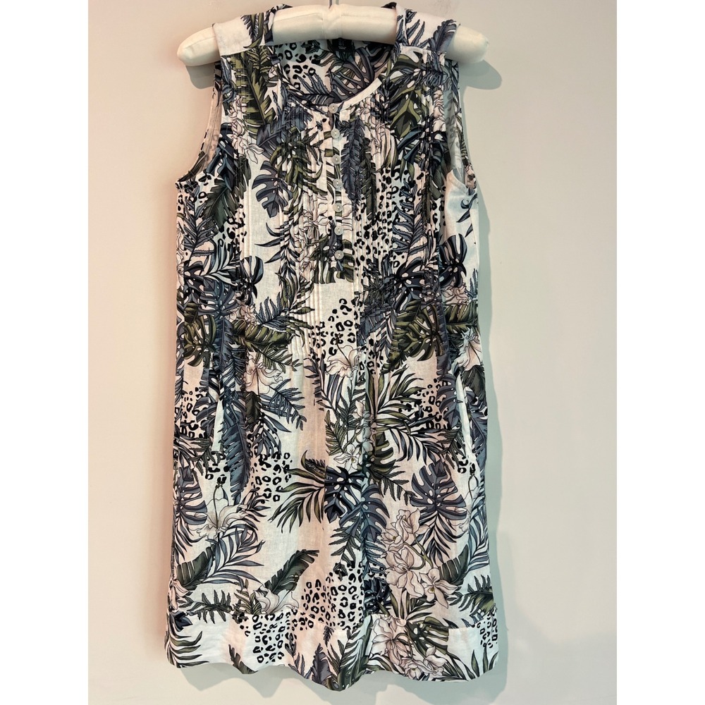 Tropical Floral Leopard‎ Print Linen Blend Sleeveless Shift Dress with Pockets S
